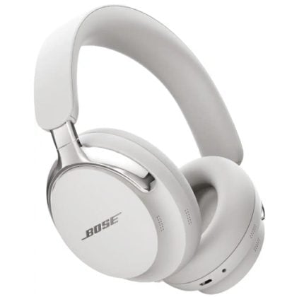 White Bose over-ear headphones shown from a side angle, with cushioned ear cups and headband.