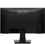 Rear view of a black MSI computer monitor on a rectangular stand, showing a ribbed back surface and port area at the bottom center.
