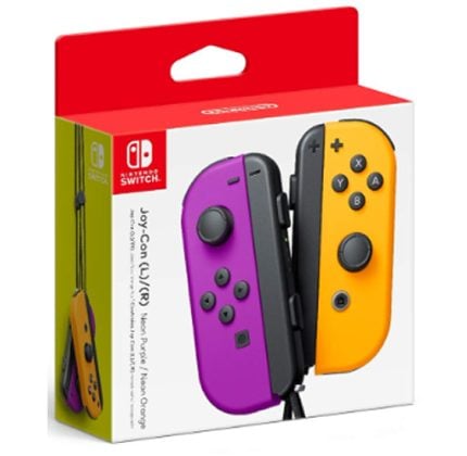 Boxed Nintendo Switch Joy-Con controllers in purple (left) and yellow (right) displayed on packaging image.