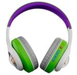 Over-ear headphones with green accents and a purple headband and gray ear cushions.