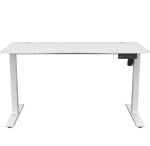 White electric height-adjustable standing desk with two top holes for cable management and a right-side control panel on the leg assembly.