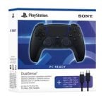 PlayStation DualShock wireless controller on a white PS box, with a blue gradient and 'PC READY' label; USB cable pictured on the side.