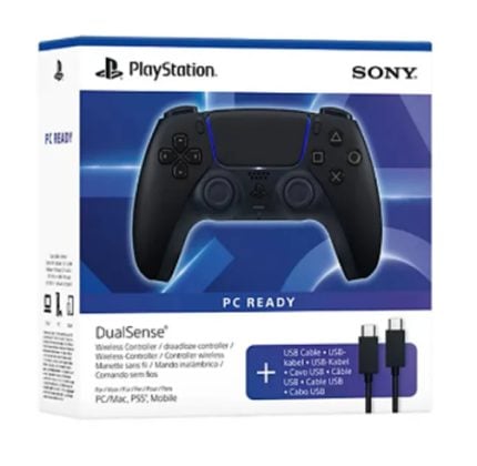 PlayStation DualShock wireless controller on a white PS box, with a blue gradient and 'PC READY' label; USB cable pictured on the side.
