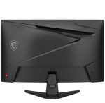 Back view of a black gaming monitor on a stand, featuring an MSI shield logo on the left and a red power indicator on the lower left.