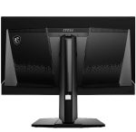 Back view of an MSI gaming monitor with a wide curved stand and perforated side panels, MSI logo centered on the back