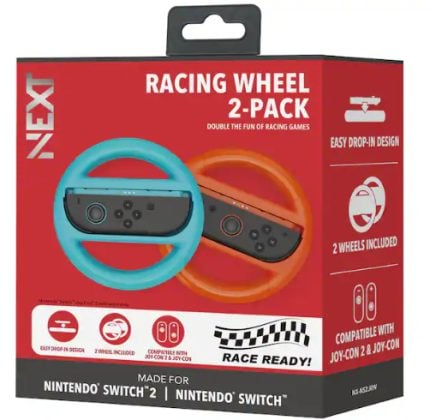 Product box for Nintendo Switch Racing Wheel 2-Pack, blue and orange wheels attached to Joy-Con controllers.