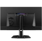 Back view of a black MSI gaming monitor on a V-shaped stand, dragon emblem visible on the left side.