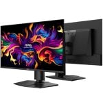 Dual-monitor setup with a colorful gaming wallpaper on the front monitor and a sleek black back monitor in a stand-alone configuration
