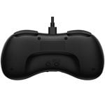 Black game controller viewed from the back, with a wired cable connector at the top center and contour grips clearly visible into the sides.
