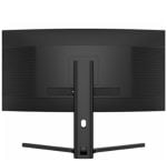 Rear view of a curved computer monitor on a wide, Y-shaped stand, showing the back panel and side vents.