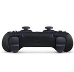 Front view of a black Sony PlayStation DualSense controller with blue accents and two analog sticks visible. In-use design for PS5 gaming.