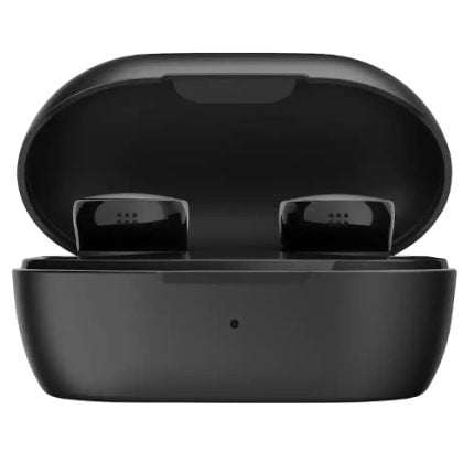 Black true wireless earbuds in an open charging case with lid raised, showing the earbuds inside