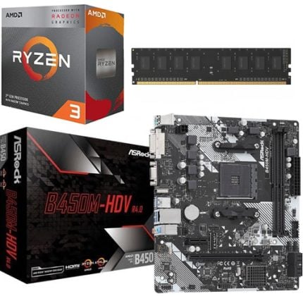 AMD Ryzen 3 processor box, a DIMM RAM module, and an ASRock B450M-HDV motherboard with its box and board exposed.