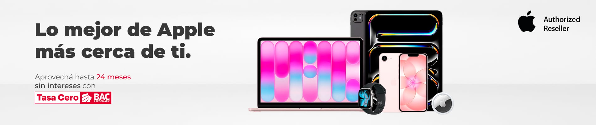 Banner promocional de vendedor autorizado de Apple con iPhone, iPad, MacBook y Apple Watch frente a fondo claro.