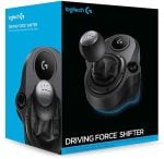 Box of Logitech Driving Force Shifter racing wheel accessory, front and side views showing gear shifter and wheel image on blue/black packaging