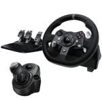 Logitech G racing wheel with pedal set and gear shifter for driving simulations.