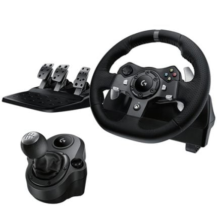Logitech G racing wheel with pedal set and gear shifter for driving simulations.