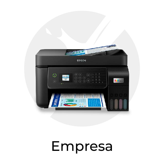 Printer printing color documents, shown with a pale circular backdrop (used on a company page labeled 'Empresa').