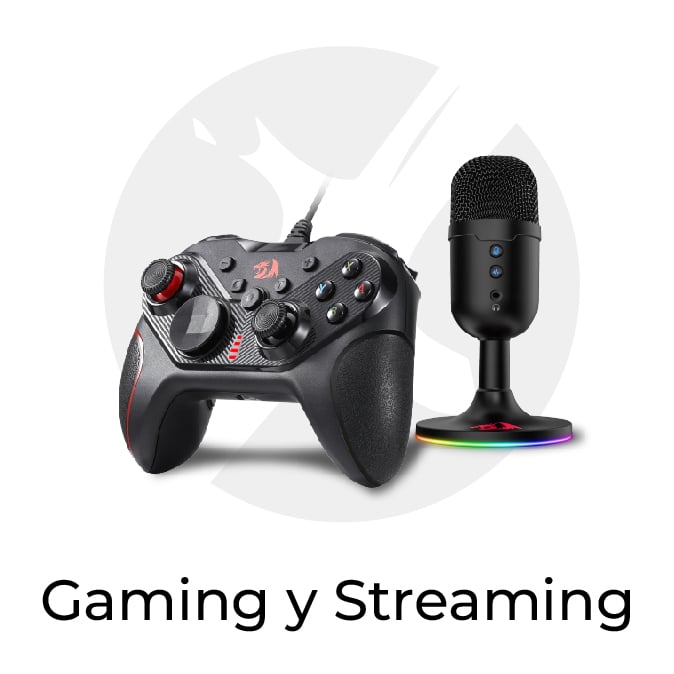 Game controller and USB microphone for gaming and streaming, with the text 'Gaming y Streaming' below.