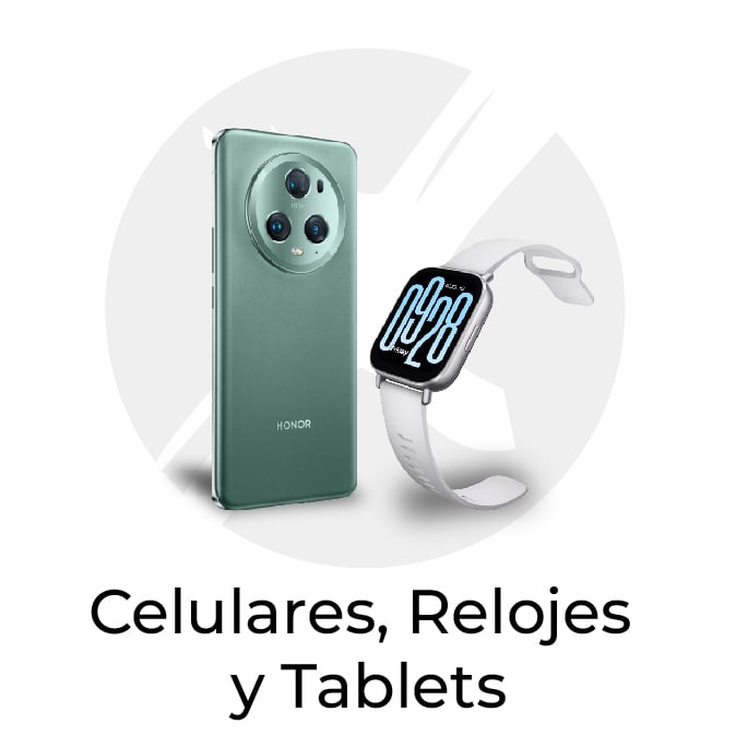 Smartphone and white smartwatch shown together with the category title Celulares, Relojes y Tablets.