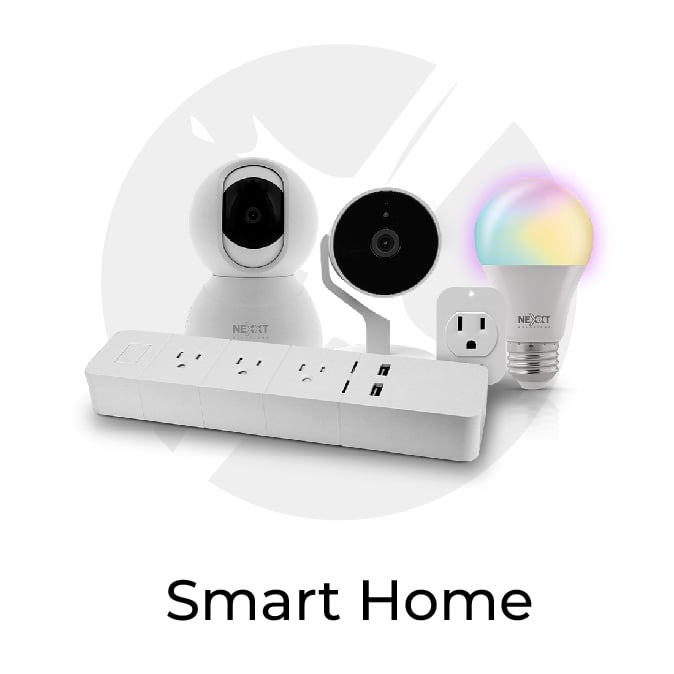 Smart home kit with two security cameras, a multi-outlet power strip, a smart plug, and a color-changing bulb.
