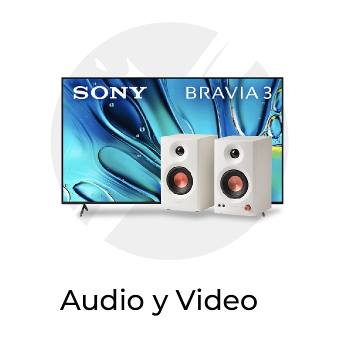 Sony Bravia TV with two white speakers in front; large 'Audio y Video' caption below.