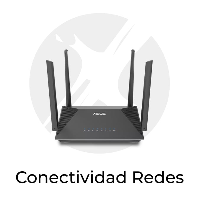 ASUS wireless router with four external antennas on a light circular backdrop, representing network connectivity; caption reads 'Conectividad Redes'.