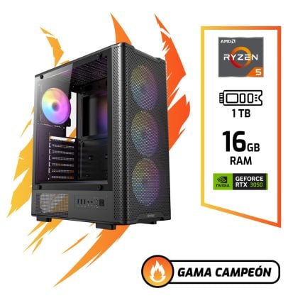 Gaming desktop PC with RGB-lit fans and a vertical specs banner showing Ryzen 5, 1TB, 16GB RAM, and GeForce RTX 3050; Gama Campeón logo nearby.