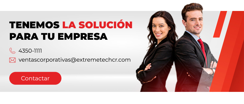 Hero banner in Spanish: 'Tenemos la solución para tu empresa' with two professionals and a red 'Contacto' button, showing phone and email contact info (4350-1111, ventascorporativas@extremetechr.com).
