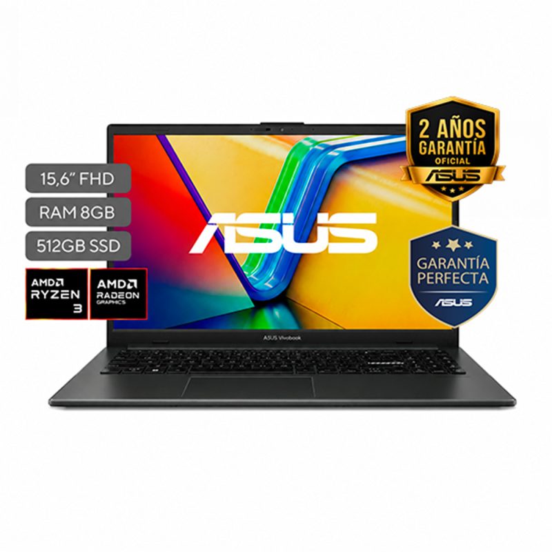 ASUS laptop with 15.6" FHD display, 8GB RAM, 512GB SSD, Ryzen 3 and Radeon Graphics, plus two warranty badges.