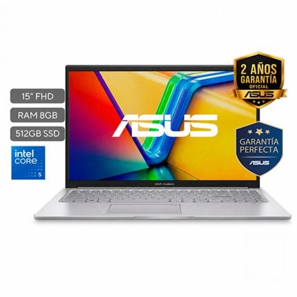 ASUS VivoBook laptop with 15-inch FHD display, 8GB RAM, 512GB SSD, Intel Core i5, plus two-year warranty badges on the right.