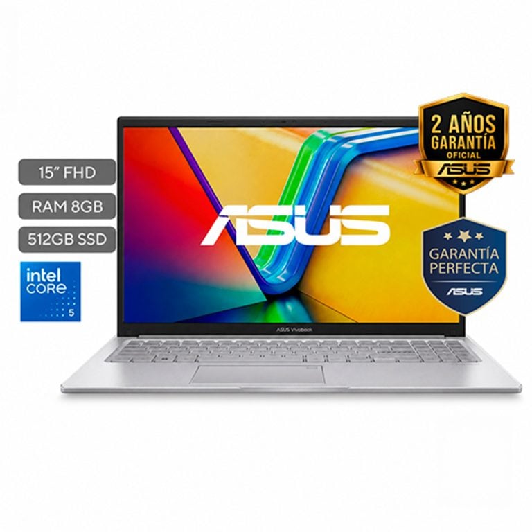 ASUS VivoBook laptop with 15-inch FHD display, 8GB RAM, 512GB SSD, Intel Core i5, plus two-year warranty badges on the right.