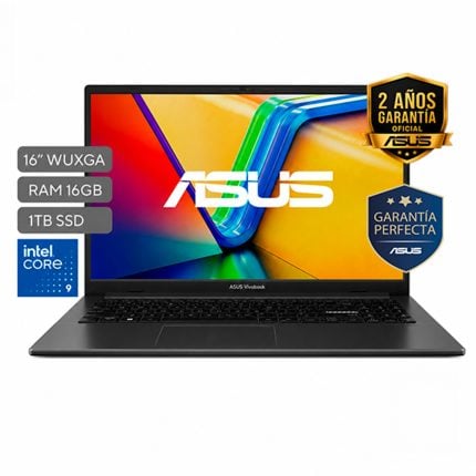 ASUS laptop with a bright display and feature badges: 16" WUXGA, 16GB RAM, 1TB SSD, Intel Core i9, plus 2-year warranty seals on the right.