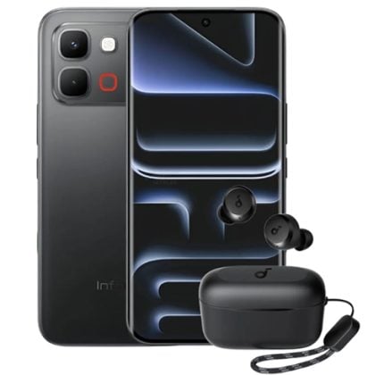 Black smartphone with triple-camera back shown beside wireless earbuds and charging case.
