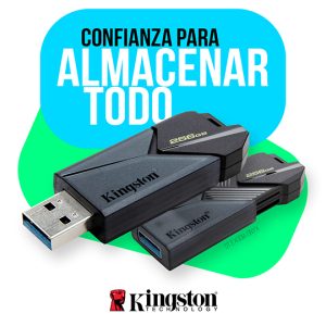 Kingston USB flash drives on bright blue and green abstract shapes, promoting reliable storage with the slogan 'Confianza para almacenar todo'.
