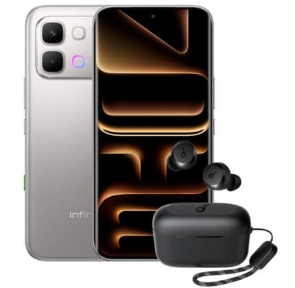 Silver smartphone with triple-camera back and large display, shown with black wireless earbuds in a charging case and a lanyard