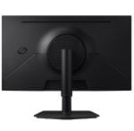 Back view of a black computer monitor mounted on a pedestal stand.