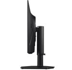Side profile of a black computer monitor mounted on a slim adjustable stand with a flat rectangular base.
