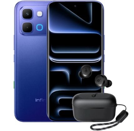 Blue/purple smartphone with dual rear cameras shown beside wireless earbuds and case, highlighting a bundled accessory set.