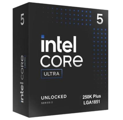 Box for Intel Core Ultra processor, black with blue dots, 'intel core ULTRA' branding, 'UNLOCKED SERIES 2', '250K Plus LGA1851' text and a white '5' on the sides.