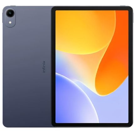 Front and back views of a dark gray tablet, showing a single rear camera in the top-left corner on the back panel.