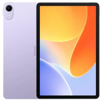 Lavender Infinix tablet shown from back and front, with a colorful abstract wallpaper on the screen and a rear camera in the corner.