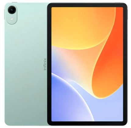 Mint green Infinix tablet shown from back and front, rear camera in the top-left corner and a vibrant display on the front.
