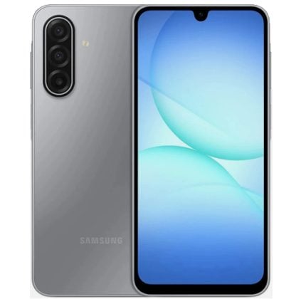 Samsung smartphone shown from back and front with triple vertical camera setup and blue wallpaper display on the screen