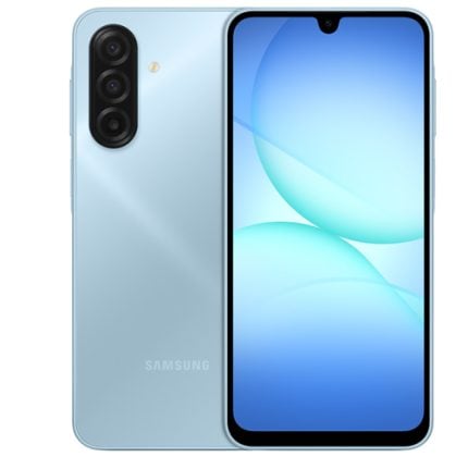 Blue Samsung smartphone shown from back and front: triple-camera module on the rear left, Samsung logo, and a tall edge-to-edge display with a small front notch.