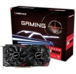 Biostar Radeon RX 580 gaming graphics card with dual fans shown in front of red-and-black product box labeled 'GAMING' and 'RADEON RX 580'
