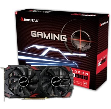 Biostar Radeon RX 580 gaming graphics card with dual fans shown in front of red-and-black product box labeled 'GAMING' and 'RADEON RX 580'