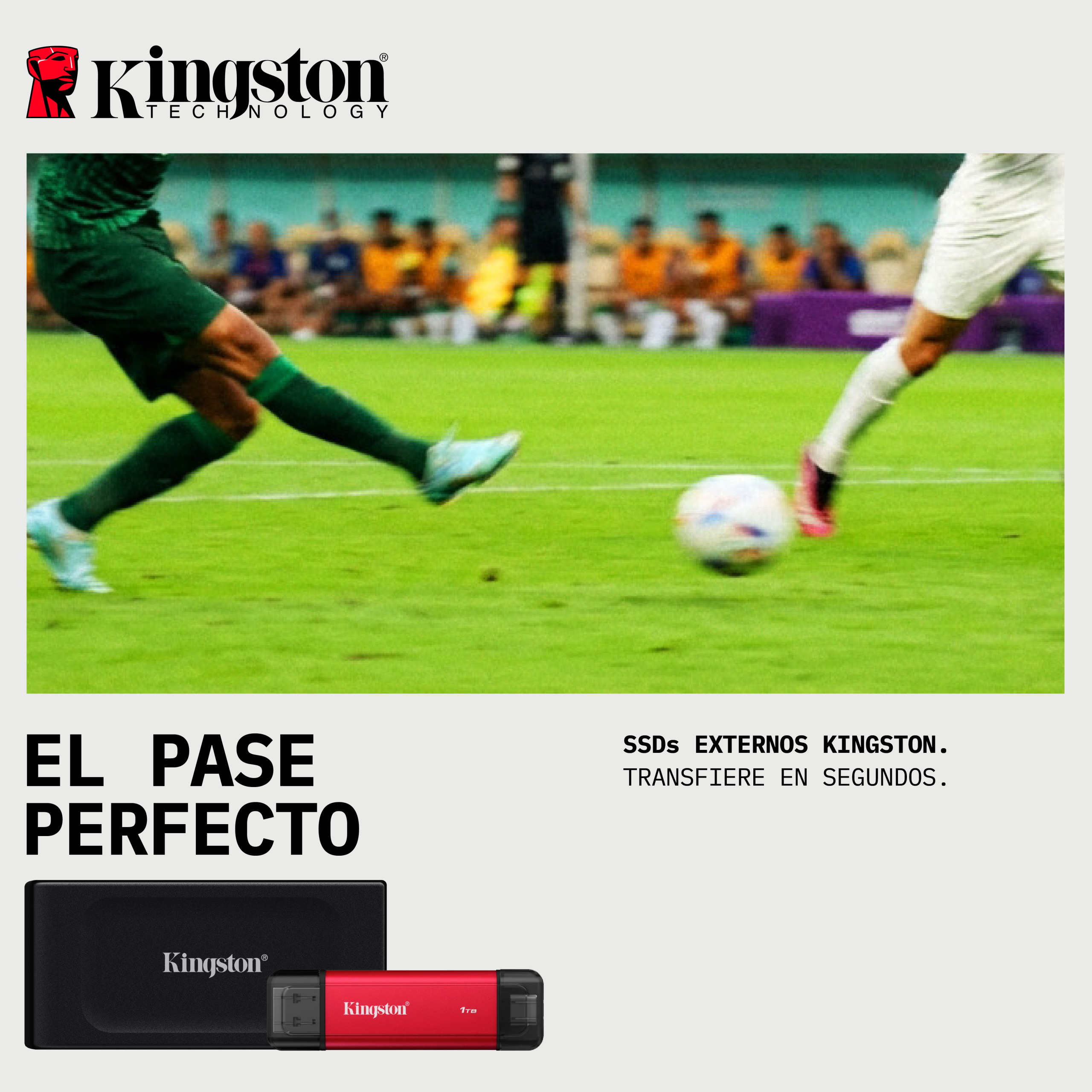 Kingston Technology ad with a red USB flash drive shown against a gray background and a blurred soccer scene above.