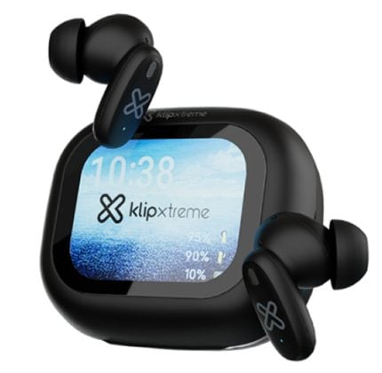 Black KlipXtreme wireless earbuds with a compact charging case and a blue screen displaying time and stats.