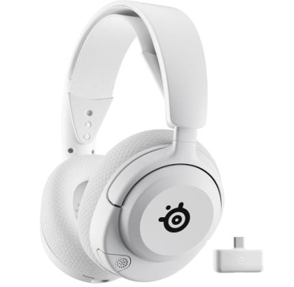 White over-ear wireless headset with detachable USB dongle shown beside it.